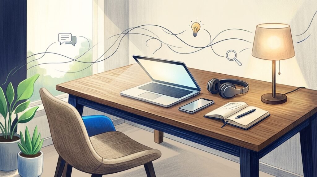 A desk setup with an empty chair, inviting someone to join