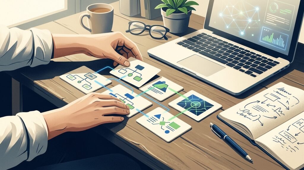 Hands arranging reference cards on a desk