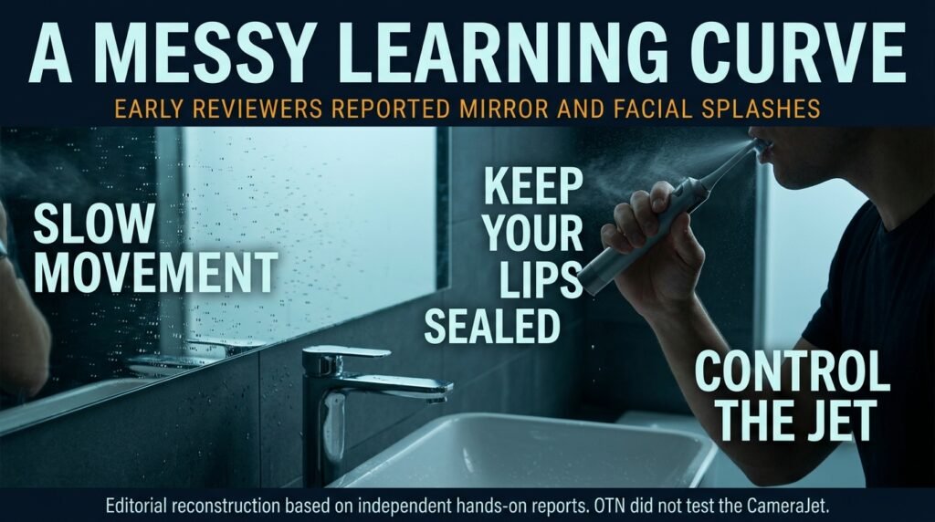 Person using a jet toothbrush at a bathroom sink with a splashed mirror, with tips: slow movement, keep your lips sealed, control the jet