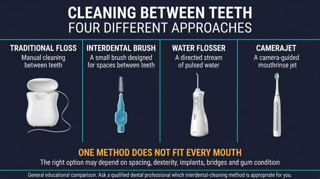 Comparison of four ways to clean between teeth: traditional floss, interdental brush, water flosser and the CameraJet