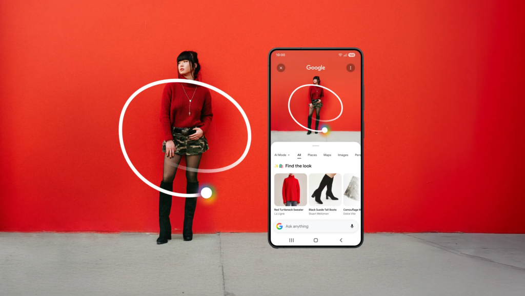 Circle to Search on a phone identifying each piece of an outfit worn by a woman against a red wall