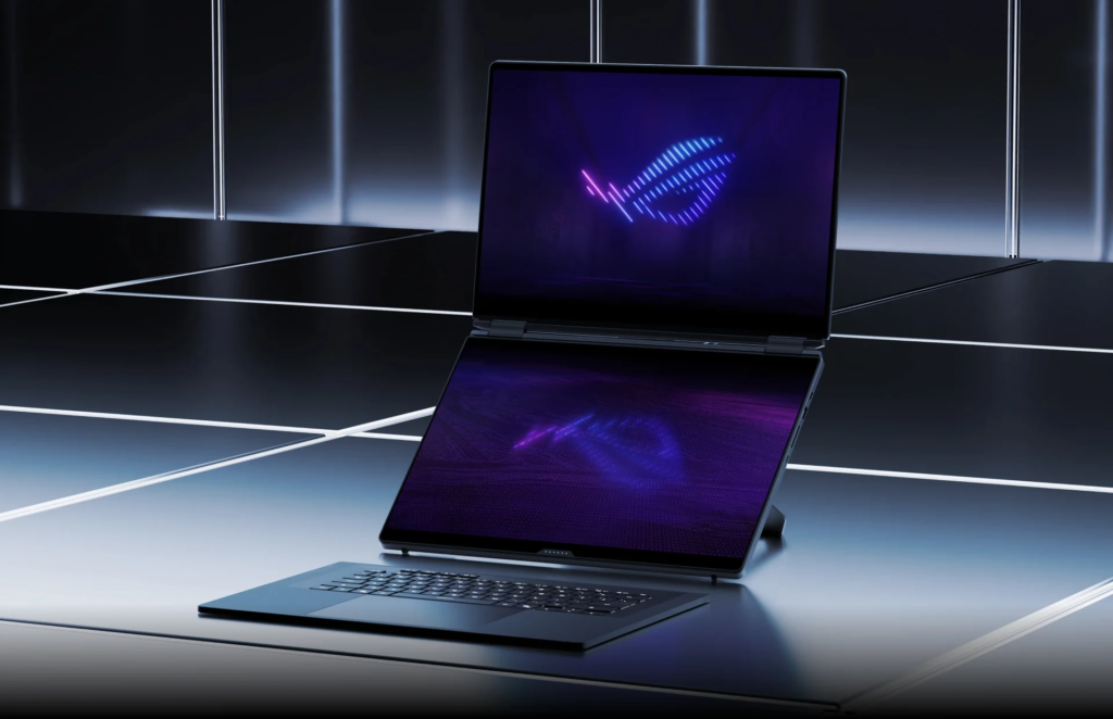 The 2026 ROG Zephyrus Duo standing on a kickstand, with two stacked displays and its detachable keyboard in front
