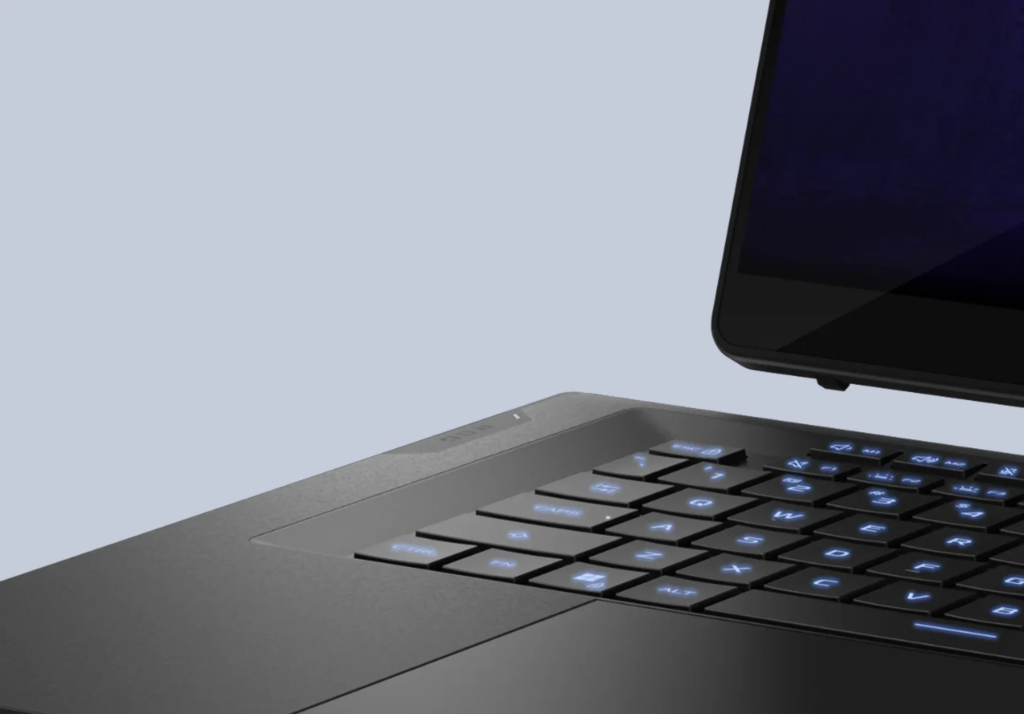 Close-up of the backlit keyboard of the 2026 ROG Zephyrus Duo below its upper display