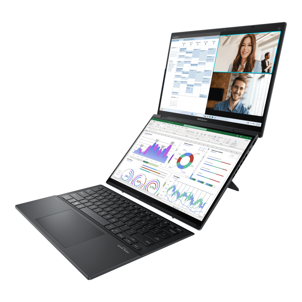 The 2024 Zenbook DUO standing on its kickstand with both screens visible and the keyboard detached in front