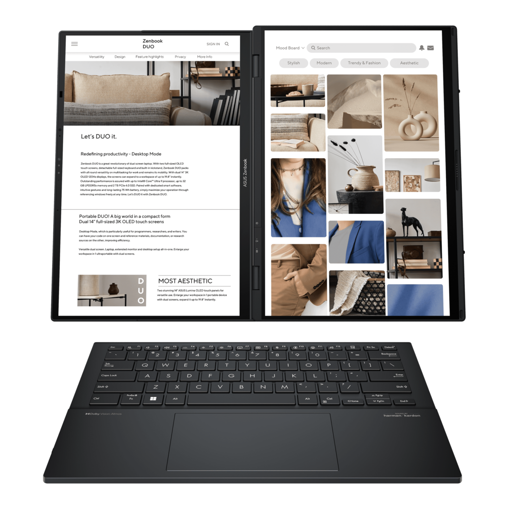 The 2024 Zenbook DUO in desktop mode, with a web page on one screen and an image board on the other, keyboard in front