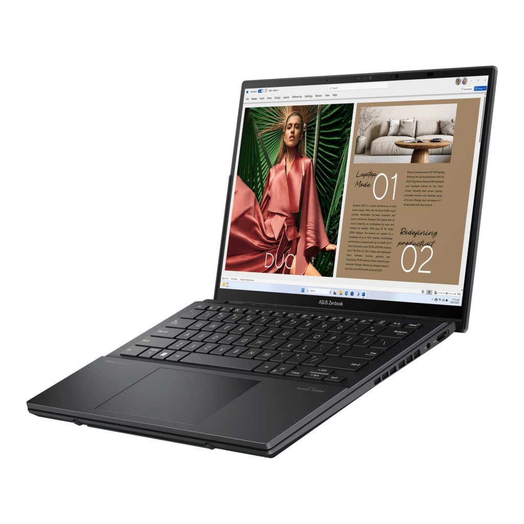 The 2024 Zenbook DUO in laptop mode, with its keyboard resting on the lower screen
