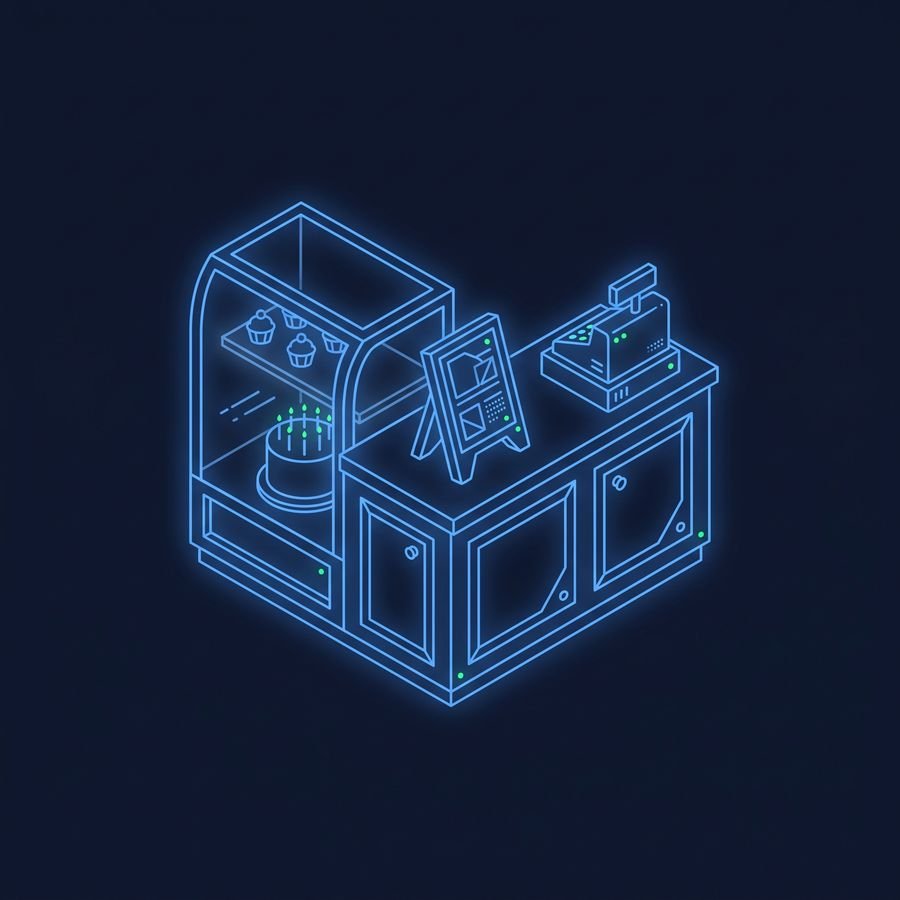 Line drawing of a small bakery counter with a cake display and a cash register, glowing blue on a dark background