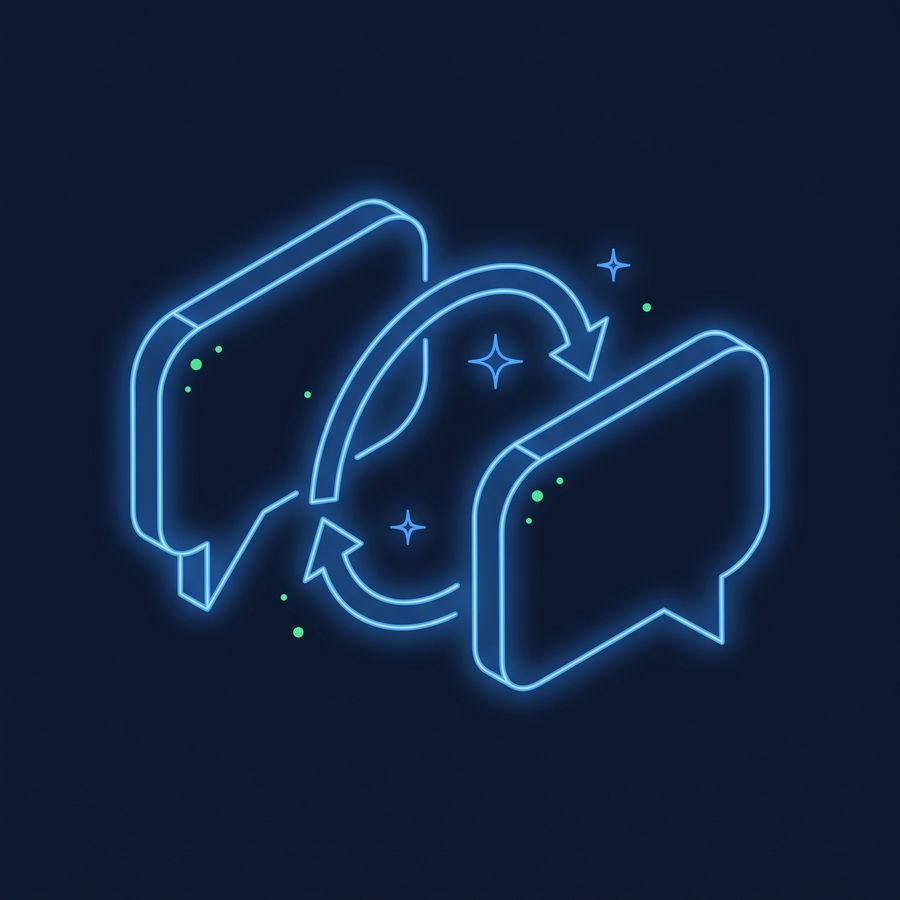 Line drawing of two chat bubbles connected by circular arrows, glowing blue on a dark background