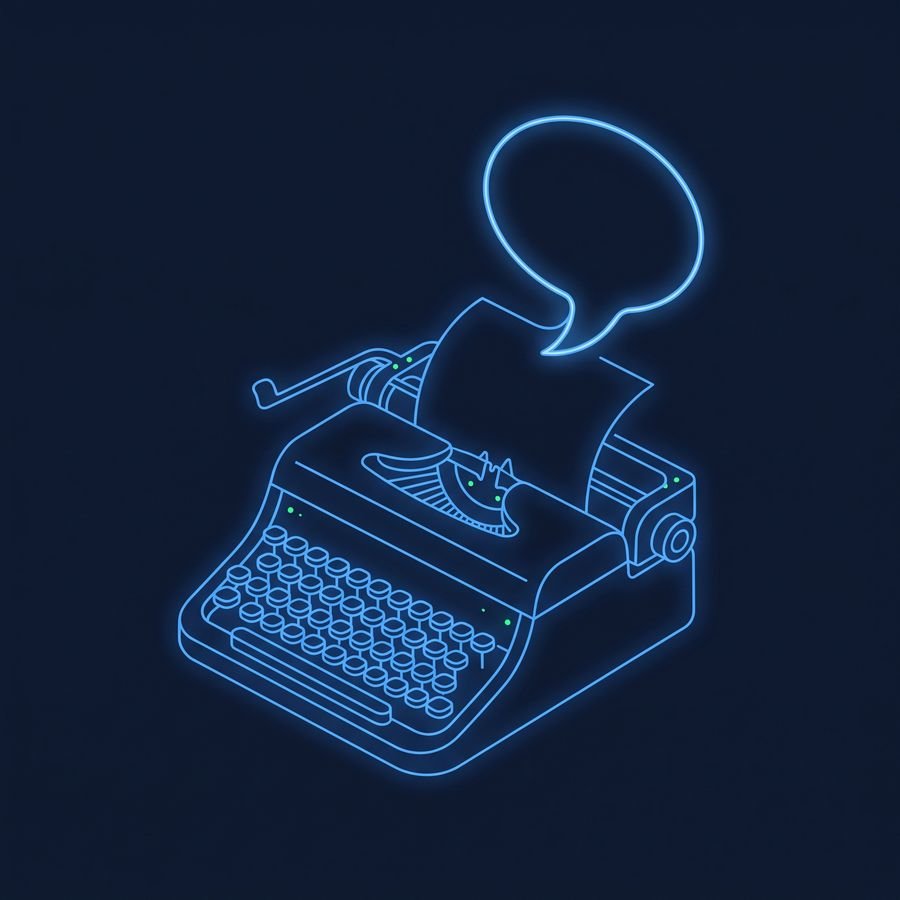 Line drawing of a typewriter with a speech bubble coming out of the paper, glowing blue on a dark background