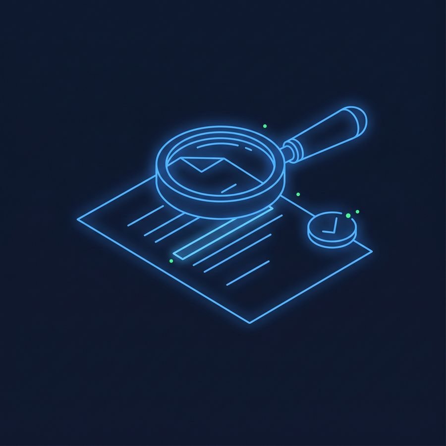 Line drawing of a magnifying glass over a document, glowing blue on a dark background