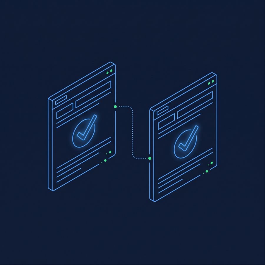 Line drawing of two documents with check marks, connected by a dotted line, glowing blue on a dark background