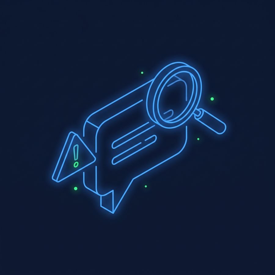 Line drawing of a chat bubble with a warning sign and a magnifying glass, glowing blue on a dark background