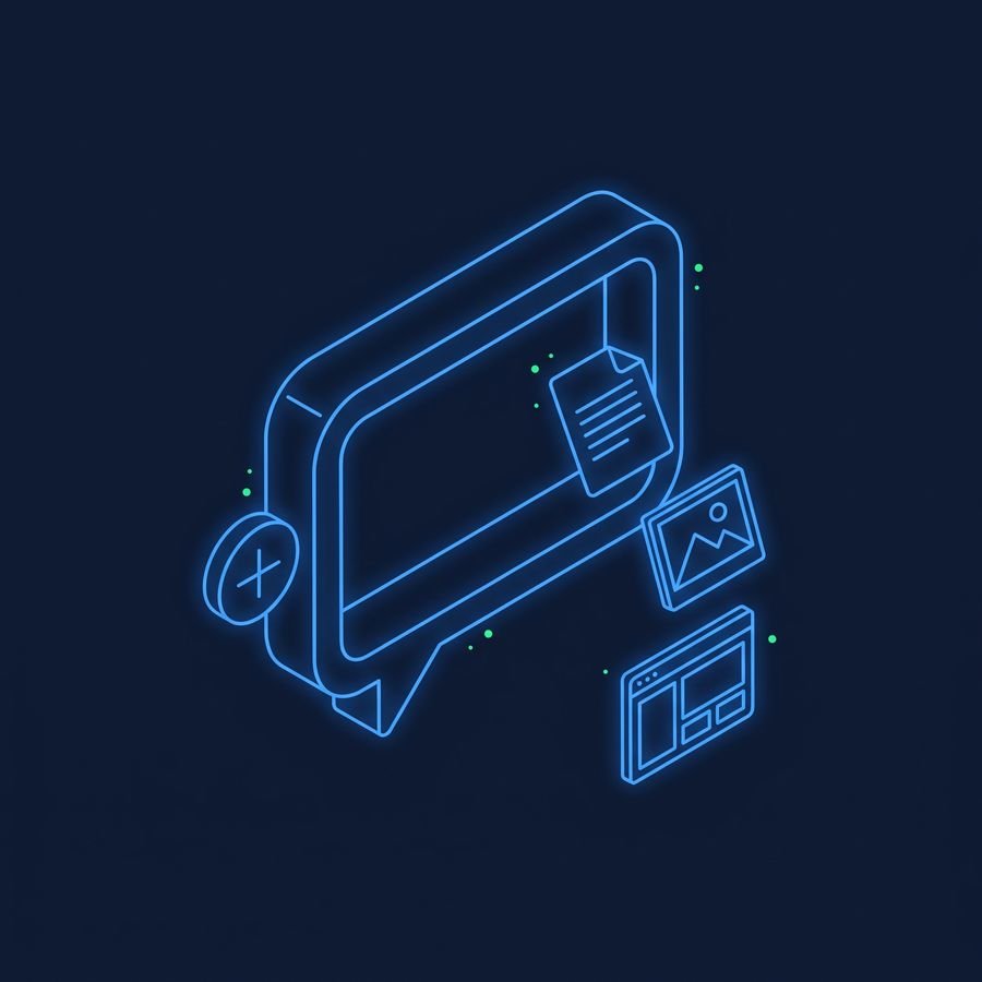 Line drawing of a chat message box with a plus button, with a document, a photo and a screenshot floating into it, glowing blue on a dark background