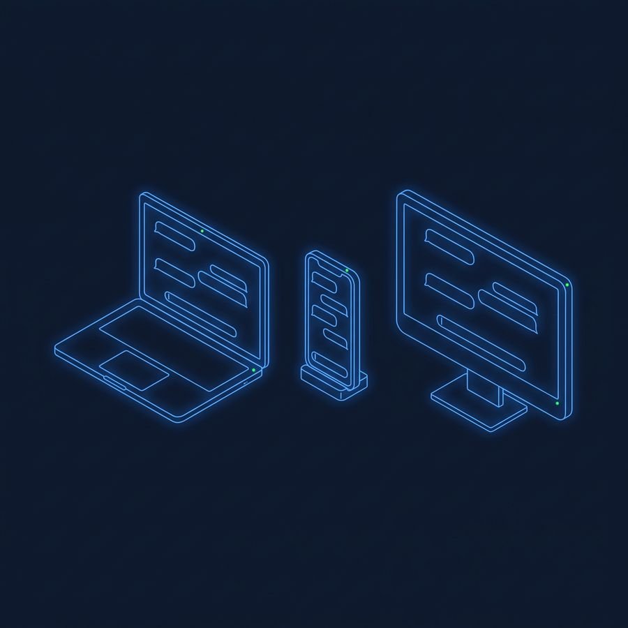 Line drawing of a laptop, a smartphone and a desktop monitor side by side, each showing the same chat layout, glowing blue on a dark background