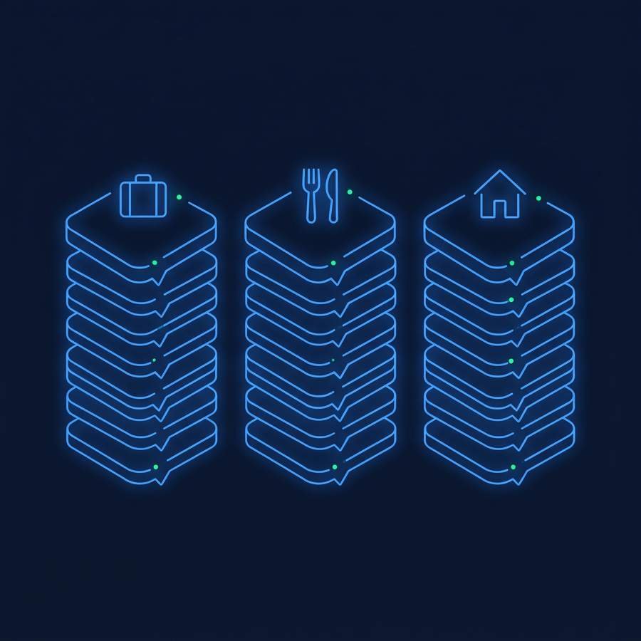 Line drawing of three separate stacks of chat bubbles, topped by a suitcase, a fork and knife, and a house, glowing blue on a dark background