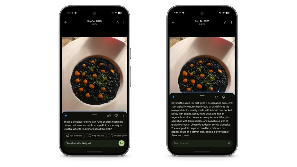 Two phone screens from Google where Gemini identifies a black risotto in a photo and suggests what the orange garnish could be