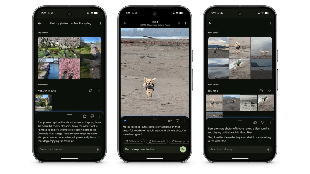 Three phone screens from Google showing an Ask Photos search for photos that feel like spring and a request to find more photos of a dog running on a beach