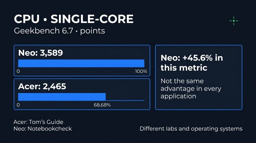 OTN chart of Geekbench 6.7 single-core scores: MacBook Neo 3,589 points and Acer Googlebook 14 2,465 points