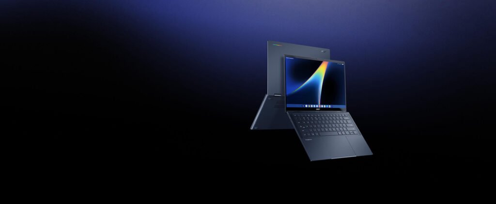 Acer Googlebook 14 open at an angle, with a second view of its chassis in the background