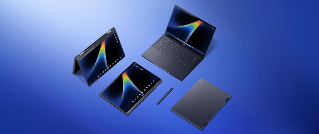 Acer Googlebook 14 in laptop, tent and tablet positions, with a stylus beside it