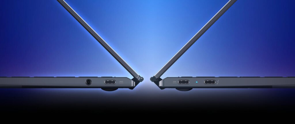 Two side views of Acer Googlebook 14 showing three USB-C ports and an audio jack