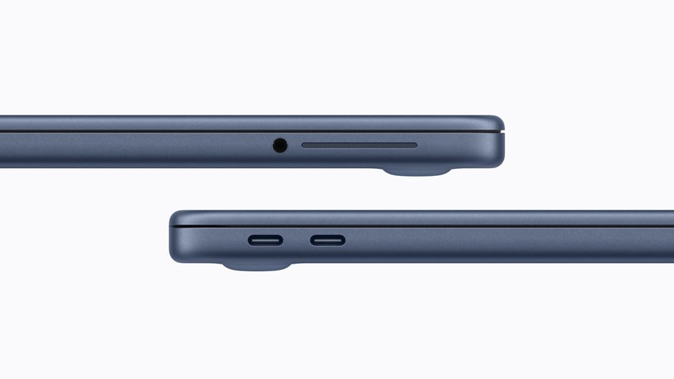 Side views of MacBook Neo showing two USB-C ports and a headphone jack