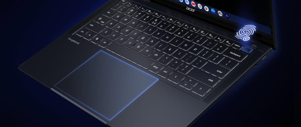 Promotional close-up of the backlit Acer Googlebook 14 keyboard and trackpad